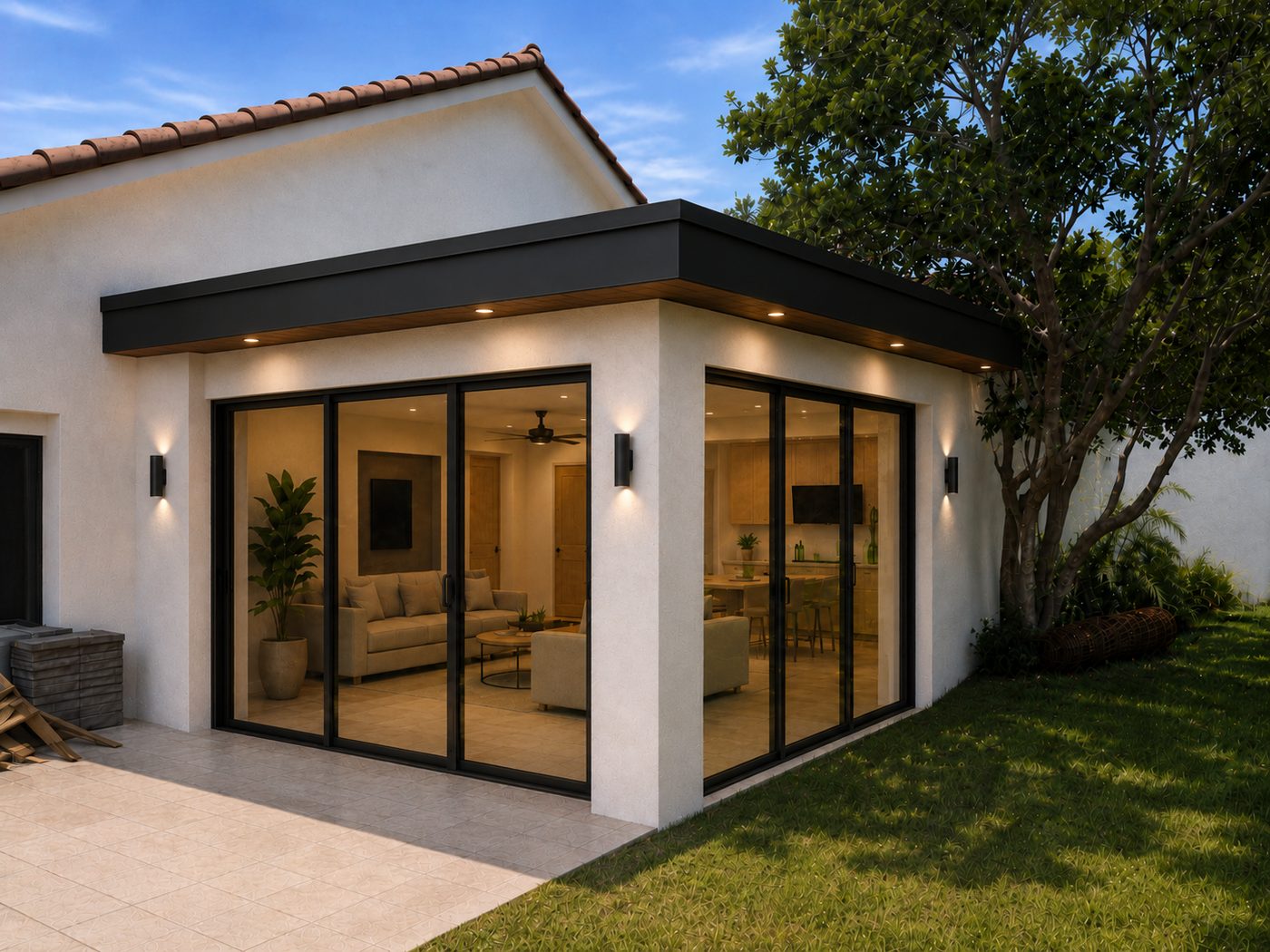 Design rendering of an exterior impact-glass patio enclosure
