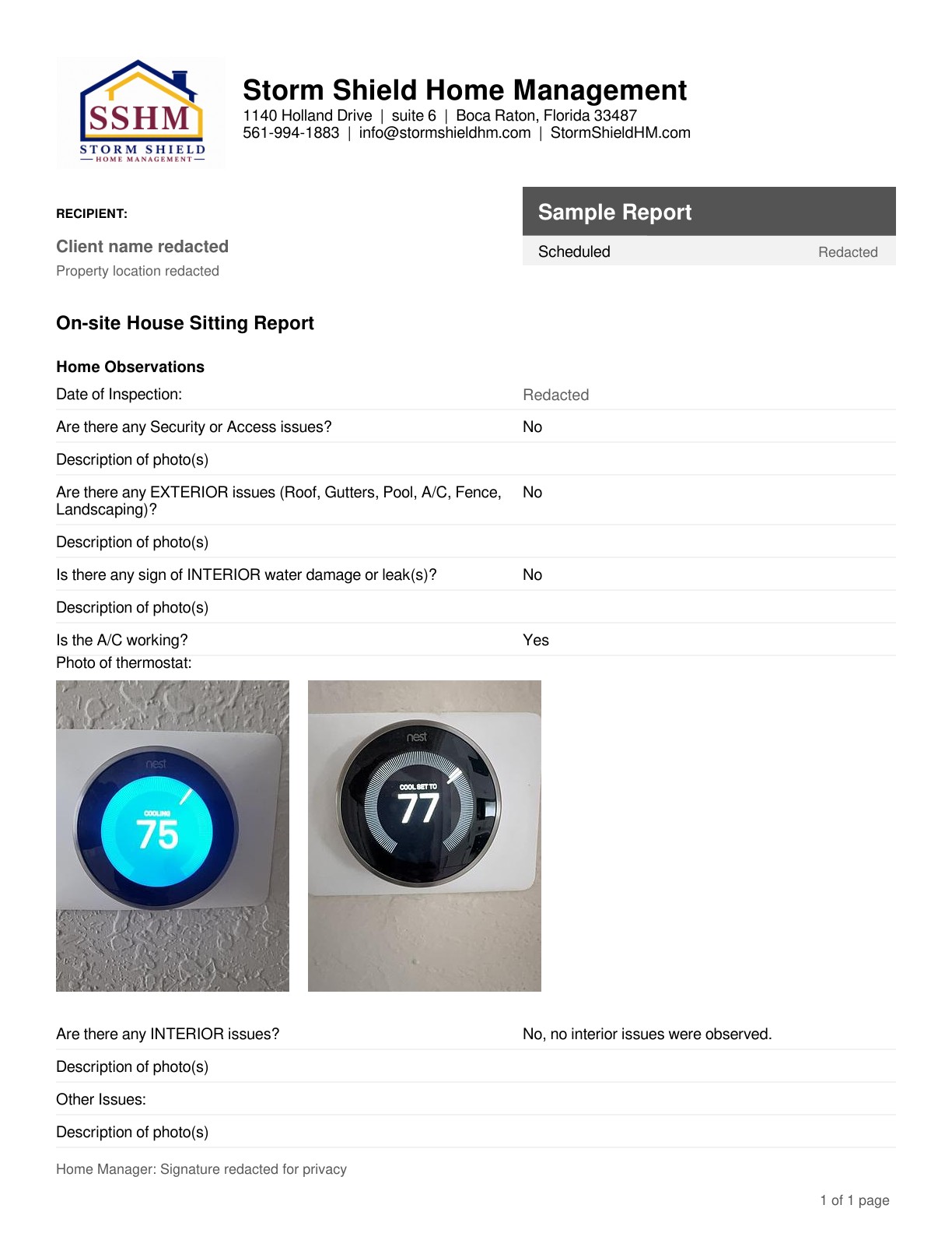 Preview of a sample home inspection report, redacted for privacy
